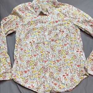 Banana Republic Feminine Red Yellow Floral Soft Wash Button Down Shirt XS
